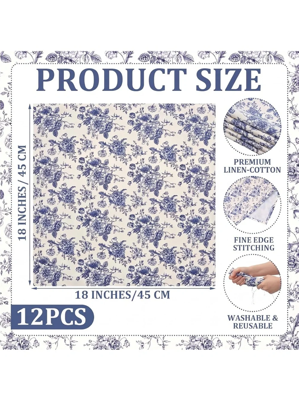 NEW Mindsoft Blue Floral Linen Napkins - Set of 12